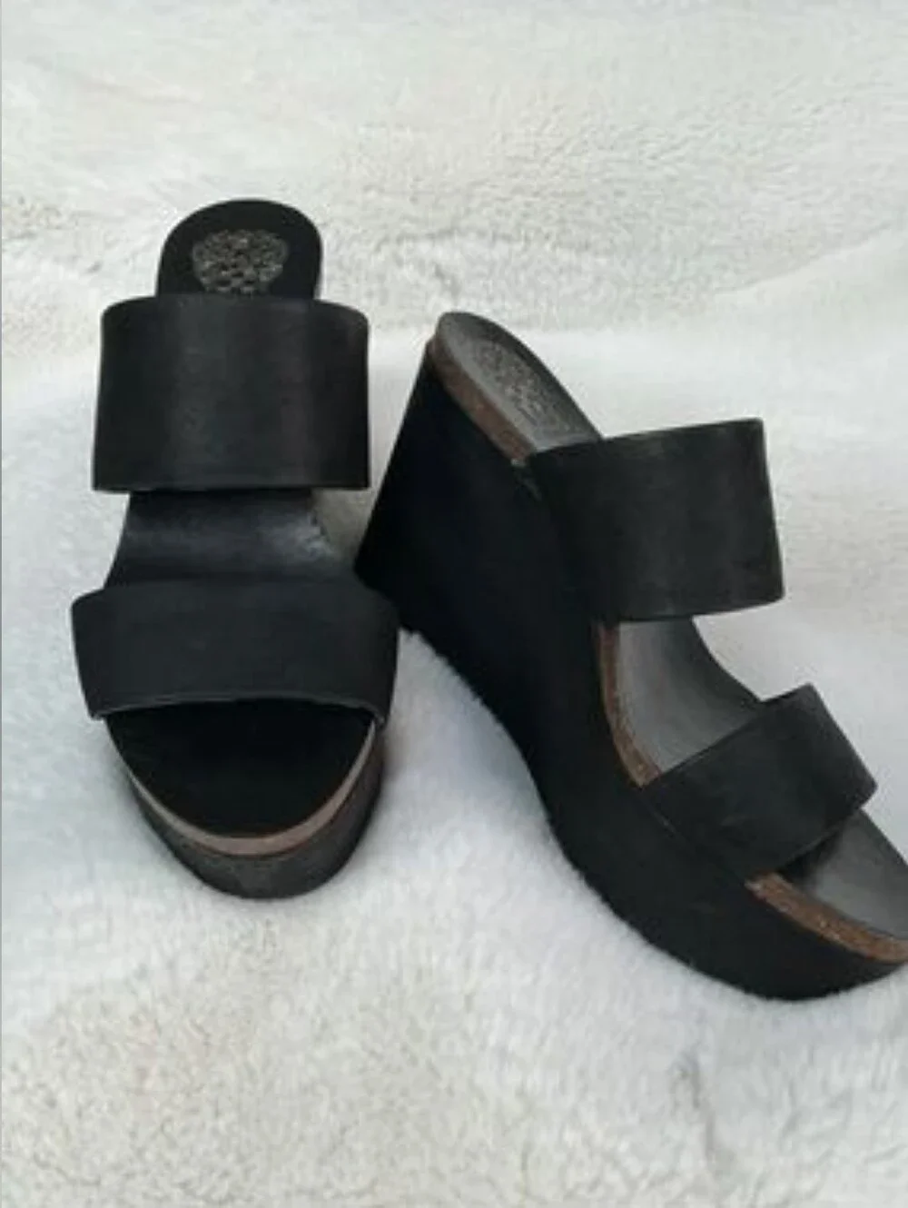 Vince Camuto Black Double-Band Wedge Slide Sandals